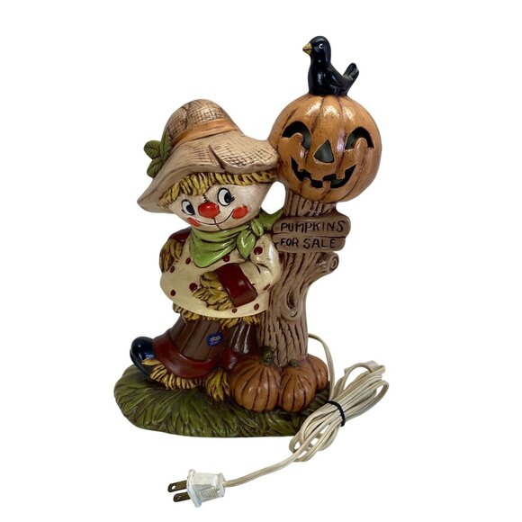 Vintage Scarecrow & Pumpkin Lantern Lighted Figurine Fall Halloween Decor - Picture 1 of 3